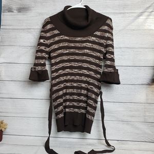 Carolyn Taylor Brown Cream Striped Scoop Neck‎ Belted Sweater Top Womens XL